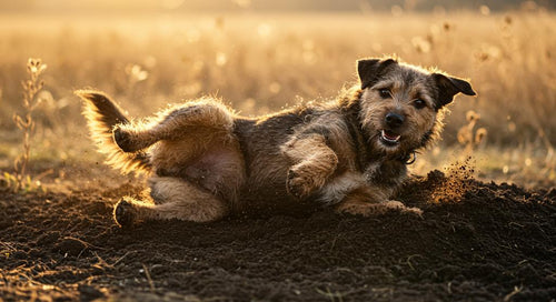 Dog joyfully rolling in the dirt