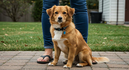 Dog sitting on owner's feet