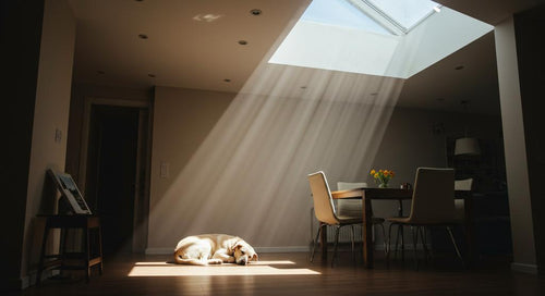 A dog enjoying a sunbeam while lounging comfortably