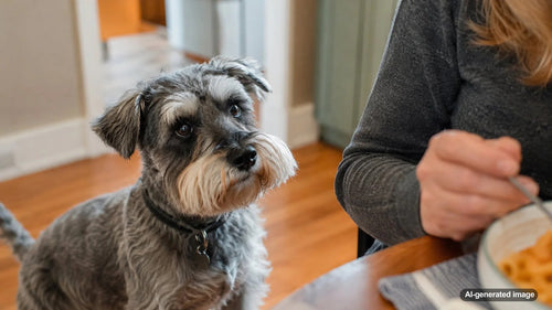 Dog watching its owner closely during a meal and hoping for a bite of food