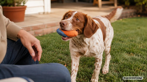 Dog carrying a favorite toy while greeting guests inside a home