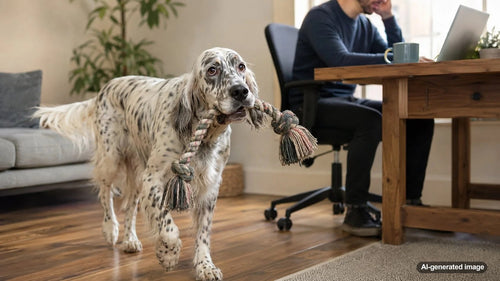 Dog bringing a favorite toy to a busy owner for attention and play