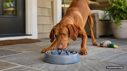 Excited dog enjoying a longer-lasting enrichment meal