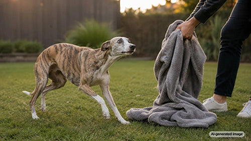 A cozy dog resting with a favorite blanket after its comfort spot has been moved