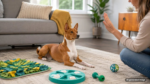 Happy dog enjoying enrichment play while learning consistent household rules