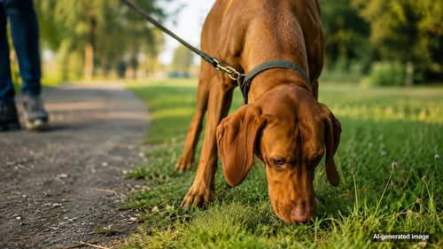 Dog calmly exploring outdoor scents during a slow enrichment walk