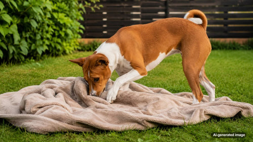 Dog rearranging a soft blanket before settling down to rest