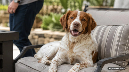 Dog sitting comfortably in the warm couch spot its owner just left