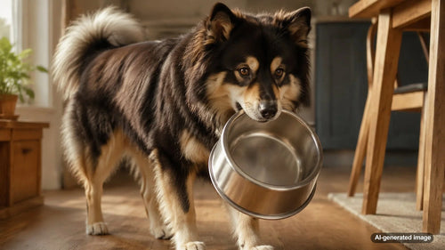 Dog carrying an empty food bowl after finishing a meal