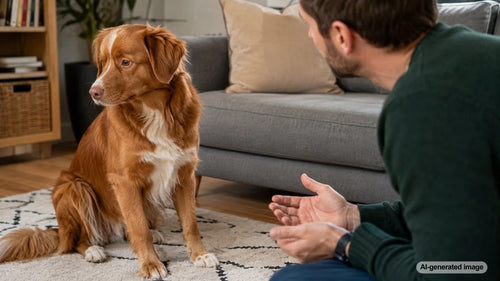 Dog looking away while a person speaks to them, illustrating canine body language and communication