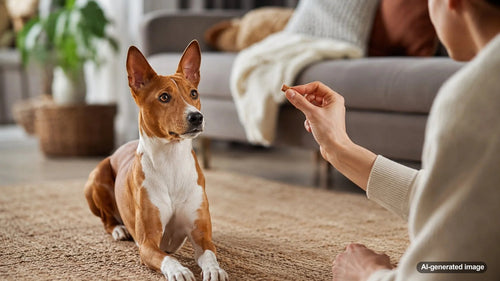 Dog focusing during a reward-based activity with a snack or training treat