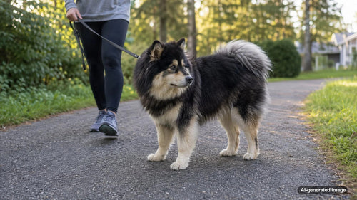 Dog standing directly in a household walkway in front of its owner