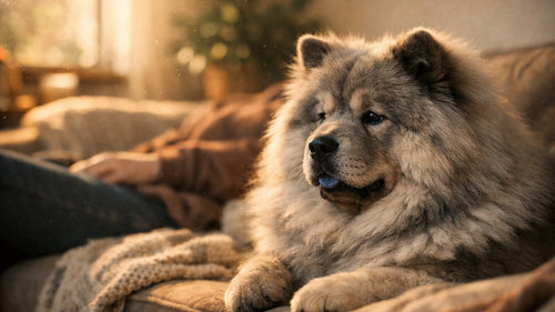 Chow Chow sitting calmly beside its owner, showing independent affection without cuddling