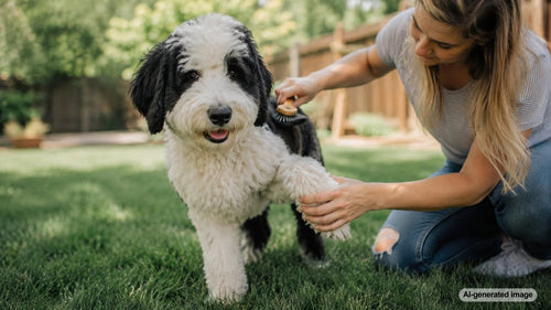 A fluffy Doodle calmly practicing grooming handling before a full grooming appointment
