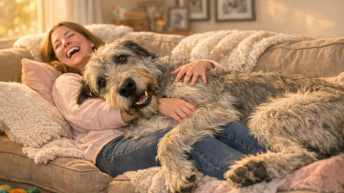 Large and small dogs cuddling closely with their owners like lap dogs