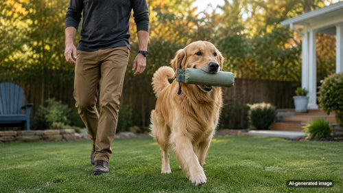Golden Retriever enjoying a purposeful enrichment activity as a happy family dog