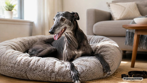 Greyhound relaxing comfortably on a soft bed after daily exercise