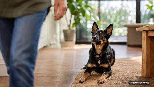 A focused herding breed dog watching their owner closely at home