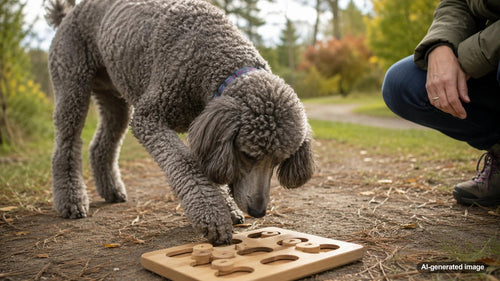 Poodle solving an interactive training puzzle during a rewarding enrichment session