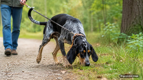 Scent hound following an interesting smell while walking on a leash outdoors