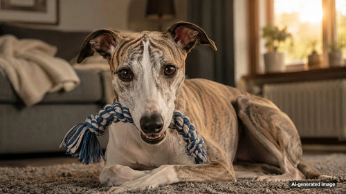 Dog calmly holding a favorite toy in its mouth