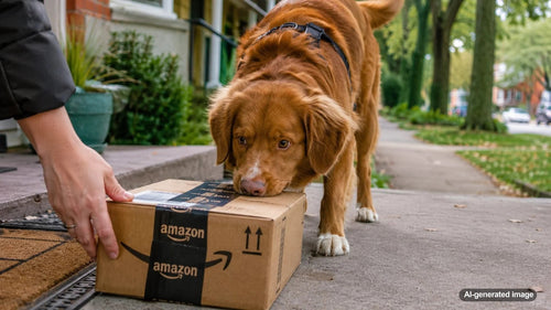 Curious dog personally inspecting a newly delivered Amazon cardboard box