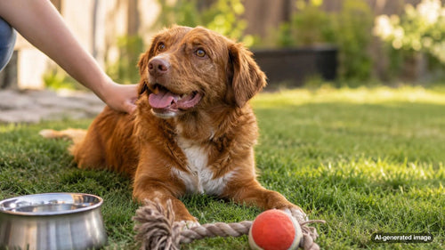 Dog relaxing with calming enrichment after an energetic play session