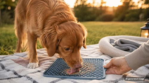 Dog enjoying a relaxing licking enrichment activity before settling down for a nap