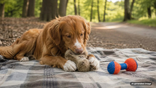 Dog enjoying a familiar favorite toy during an enrichment play session
