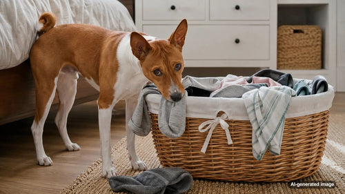Dog investigating a laundry basket filled with clothes like a treasure chest