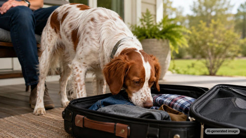 Curious dog carefully sniffing and investigating an open suitcase packed for a trip