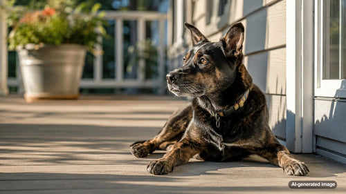 Dog resting protectively in a warm patch of sunlight on a living room floor