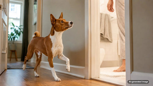 A dog curiously waiting near a bathroom door while following their owner's daily routine