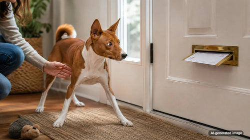 Curious dog watching a mail slot at the front door during a daily delivery