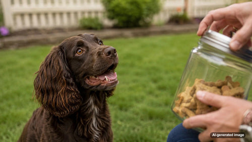 A happy dog reacting to the familiar sound of a treat jar opening at home