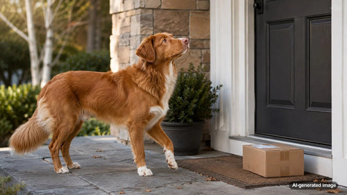 Dog watching the front door after a package delivery