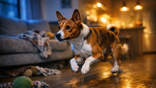 Dog experiencing evening zoomies running from couch to kitchen during 9 PM energy burst