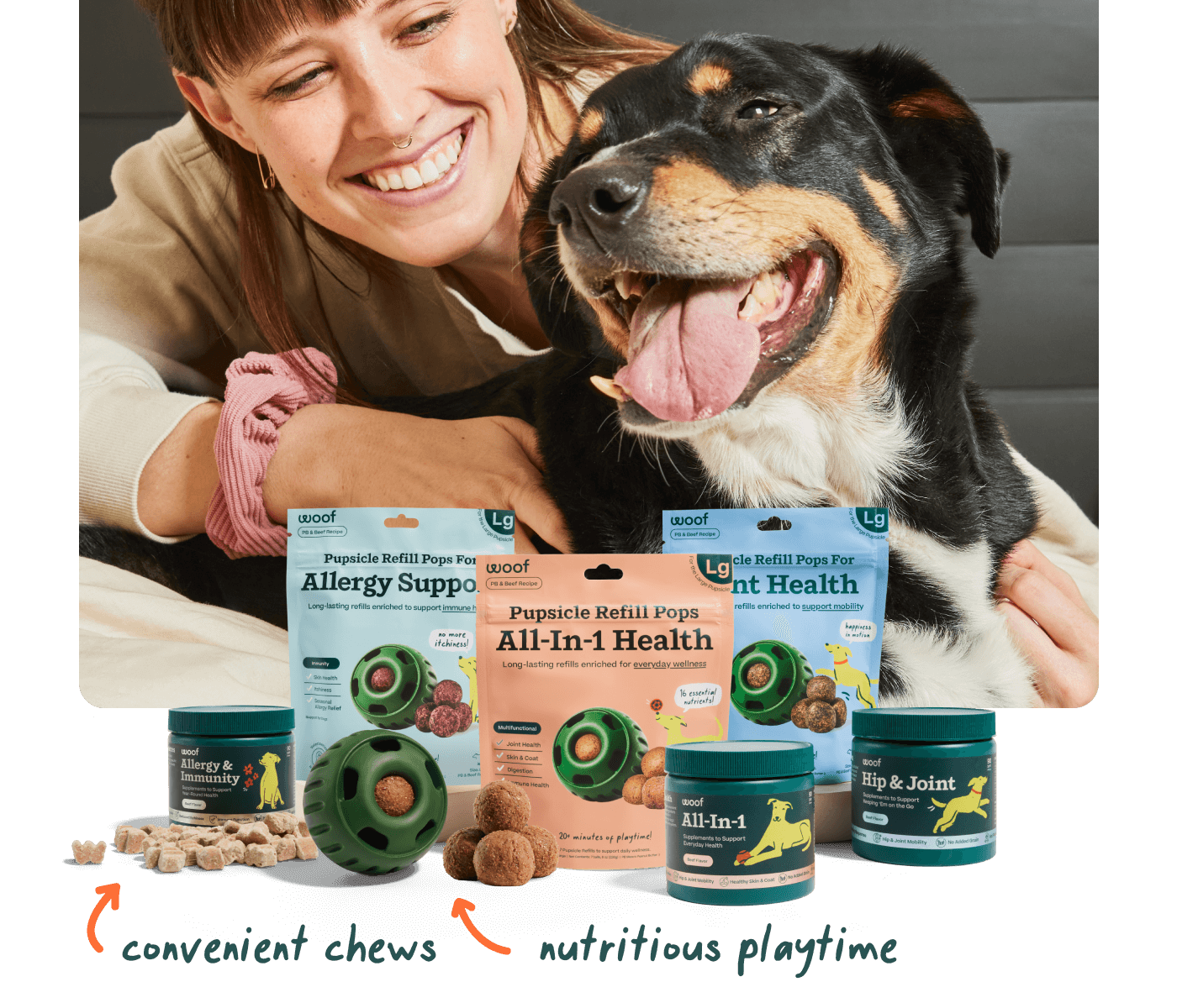 Dog with wellness supplements and a human