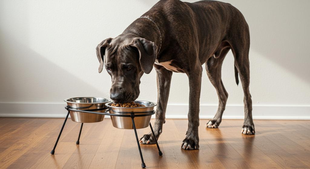 Dog eating from a raised feeding bowl