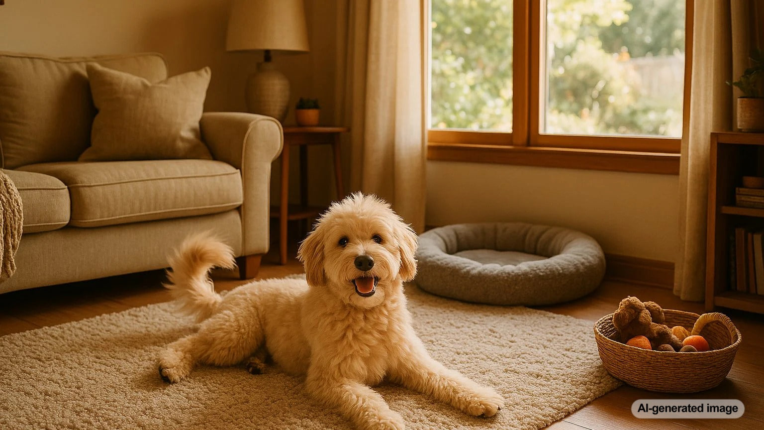 Dog and owner at a vacation rental looking out onto outdoor patio
