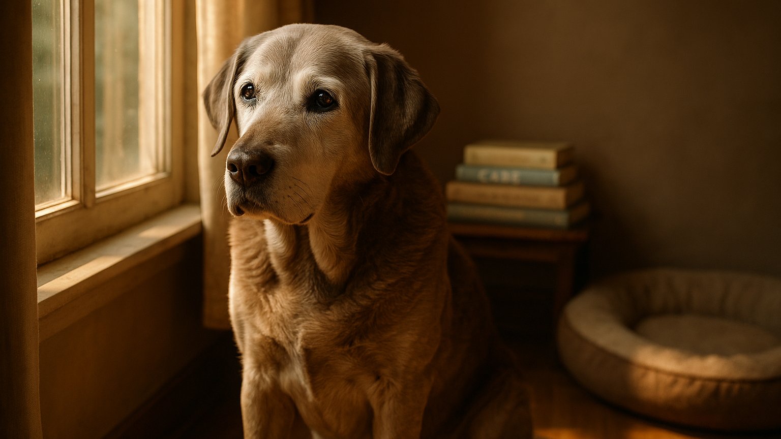 Senior dog being cared for with cognitive dysfunction support toys