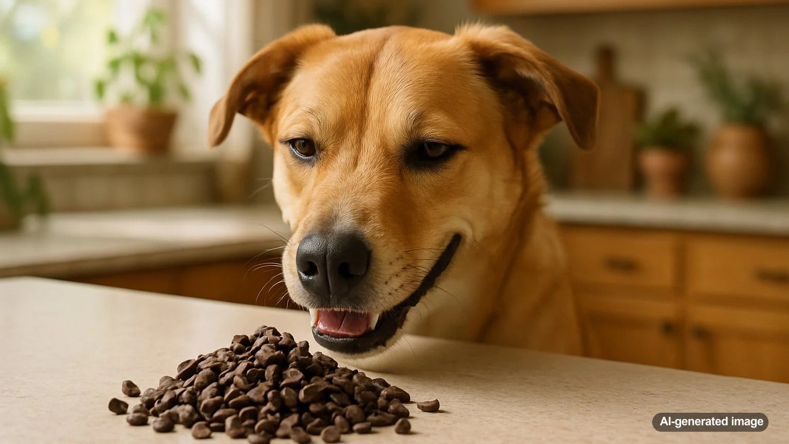 Carob chips in a bowl with a dog looking curiously at them