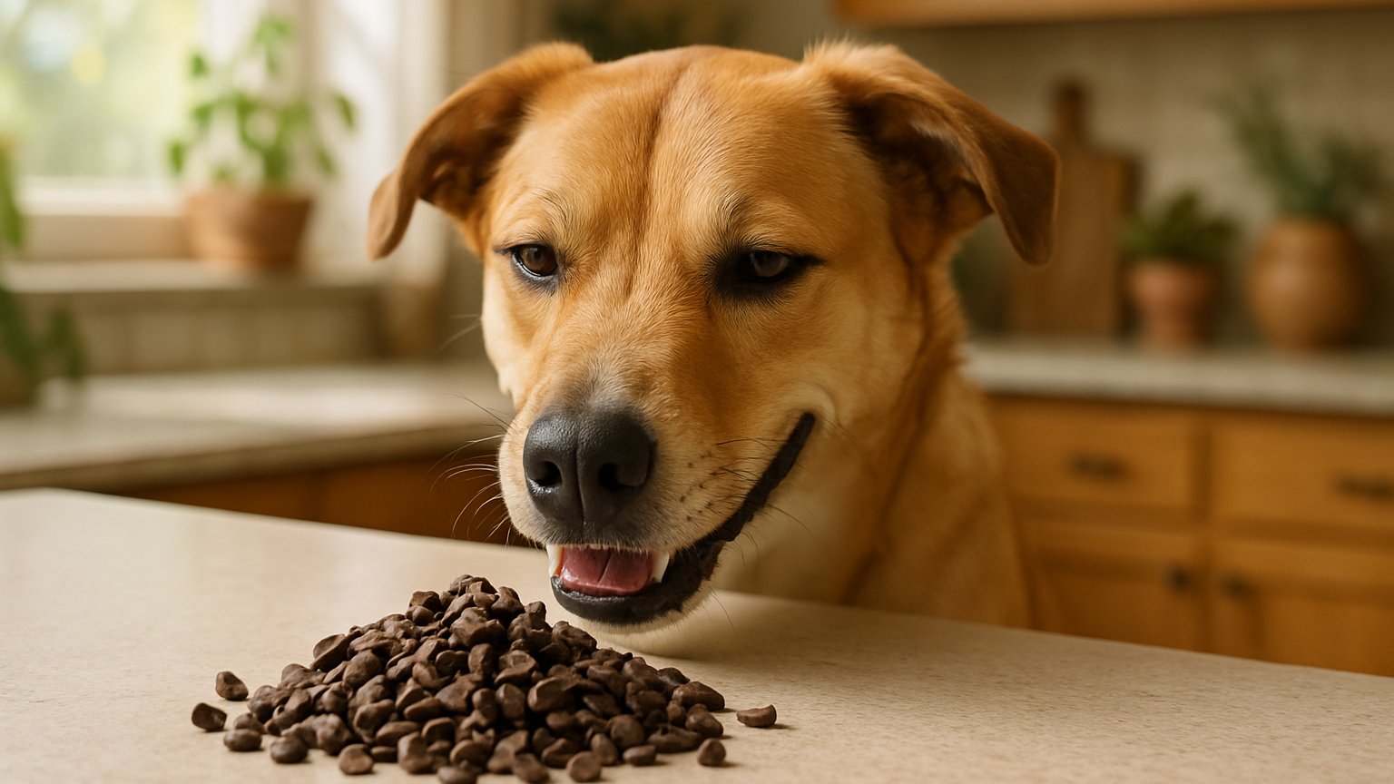 Carob chips in a bowl with a dog looking curiously at them