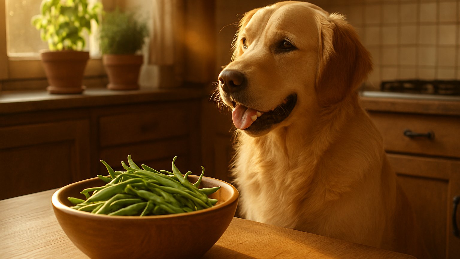 Green beans next to a happy dog