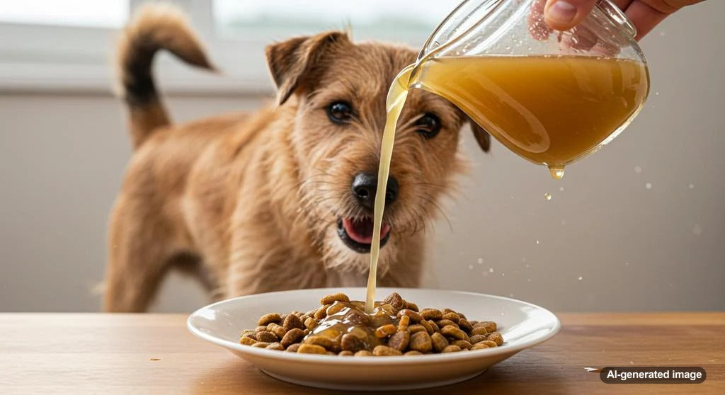 A happy dog enjoying a bowl of nutritious bone broth