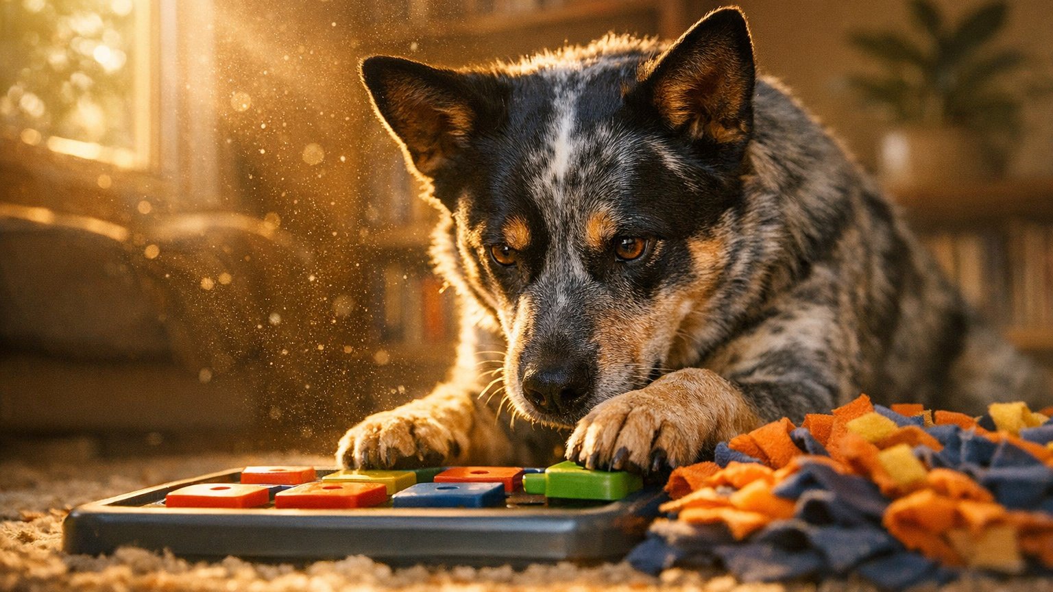 Border Collie playing brain games and interactive enrichment toys indoors