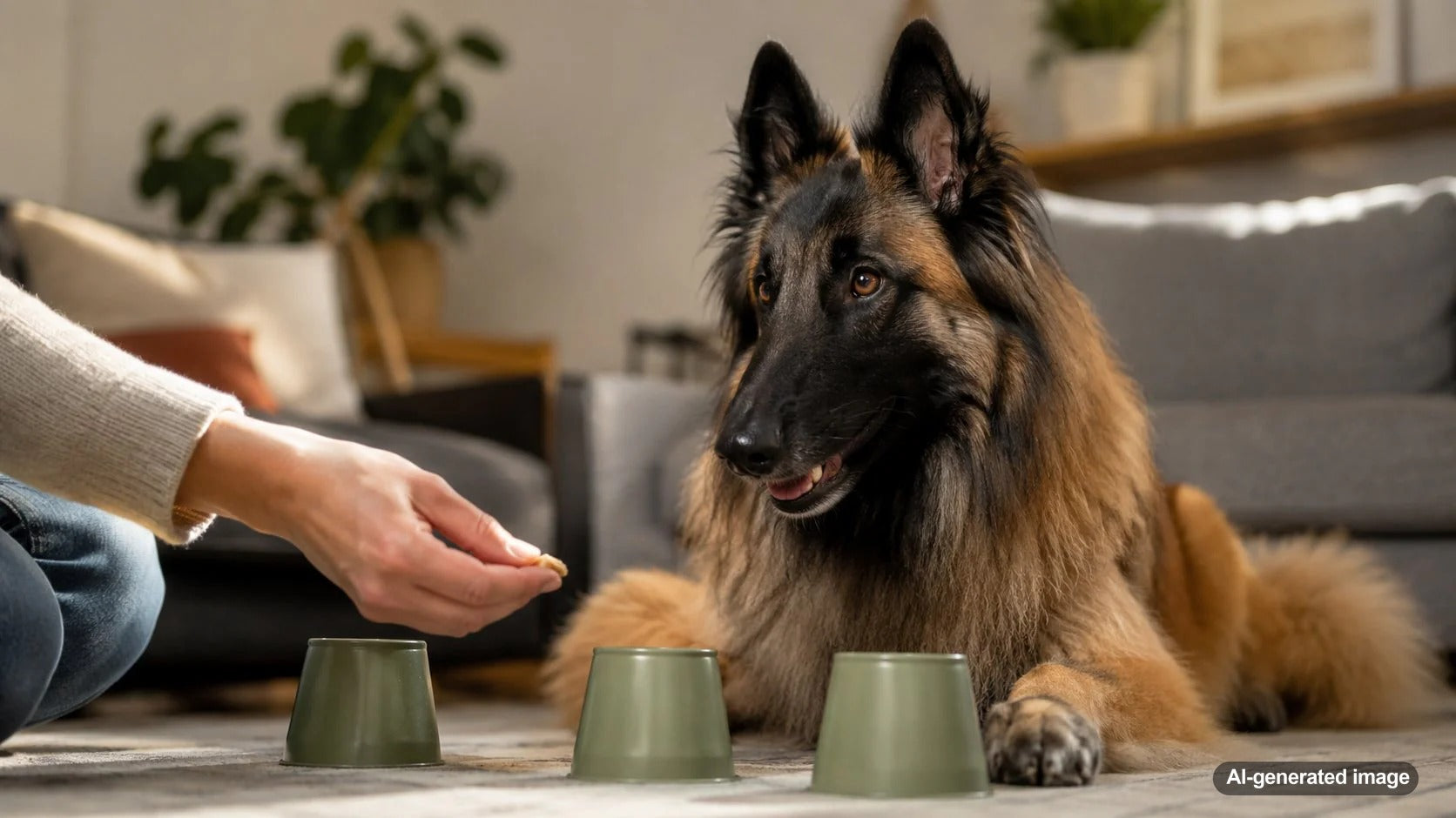 Happy dogs playing training games with treats and enrichment toys