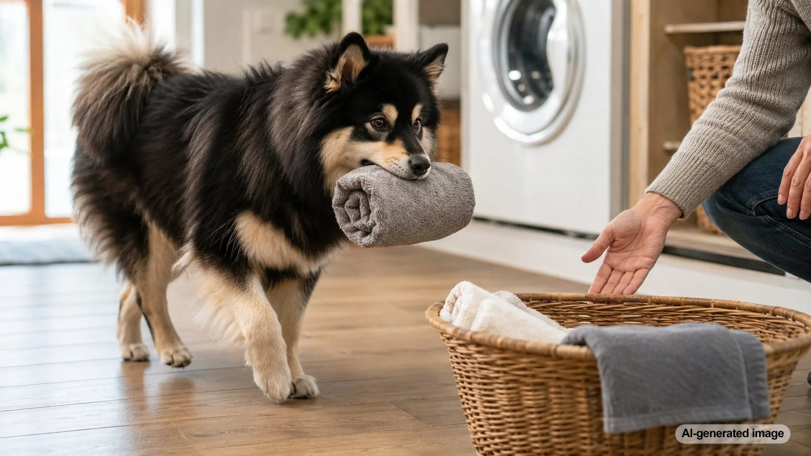 Helpful dog participating in a simple household routine by carrying a soft item