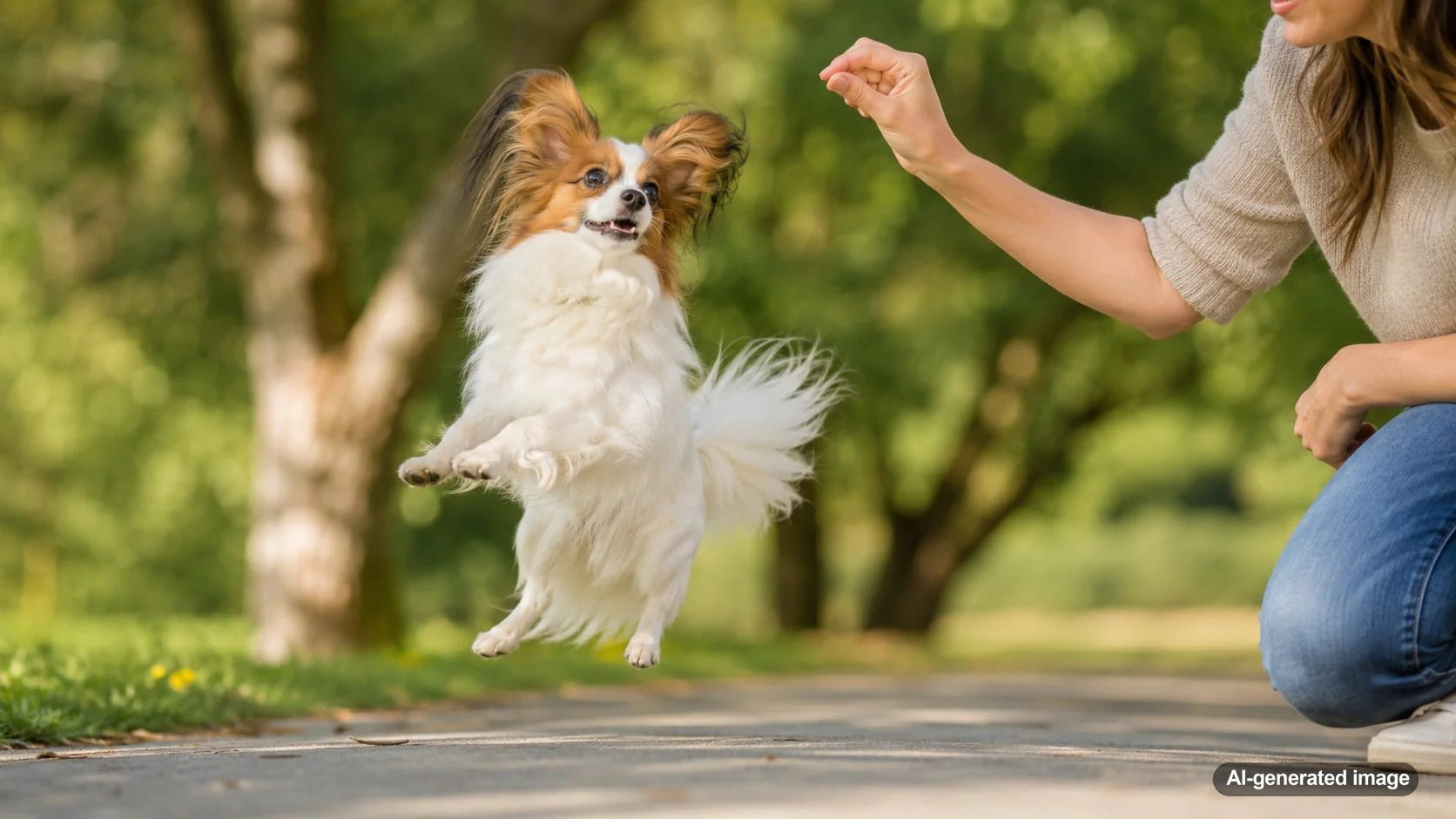 Happy dog practicing trick training with a pet parent