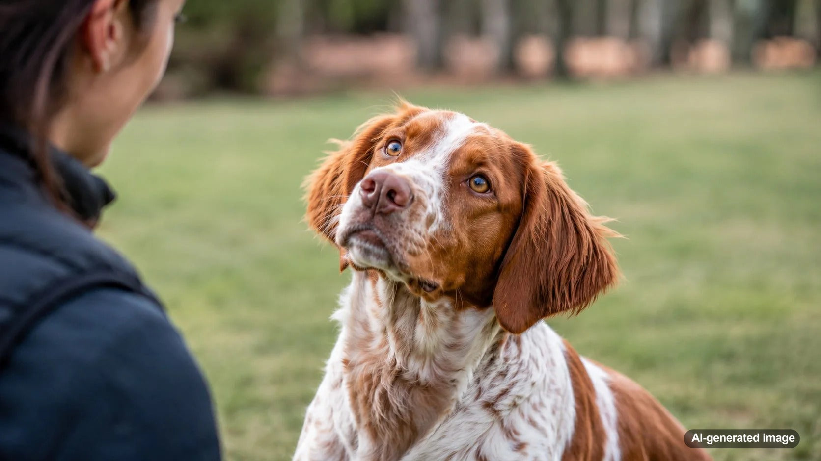Gentle dog looking attentively at its owner during calm positive training